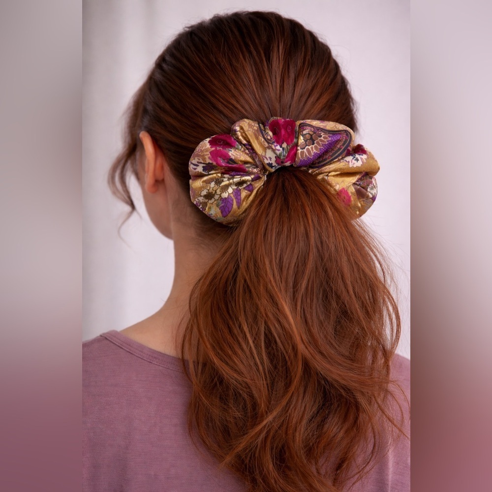 Floral Gold and Purple Scrunchie. Medium, large and X-Large